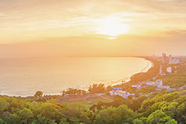 Bird view over mae ramphung beach in Rayong as the sun set.