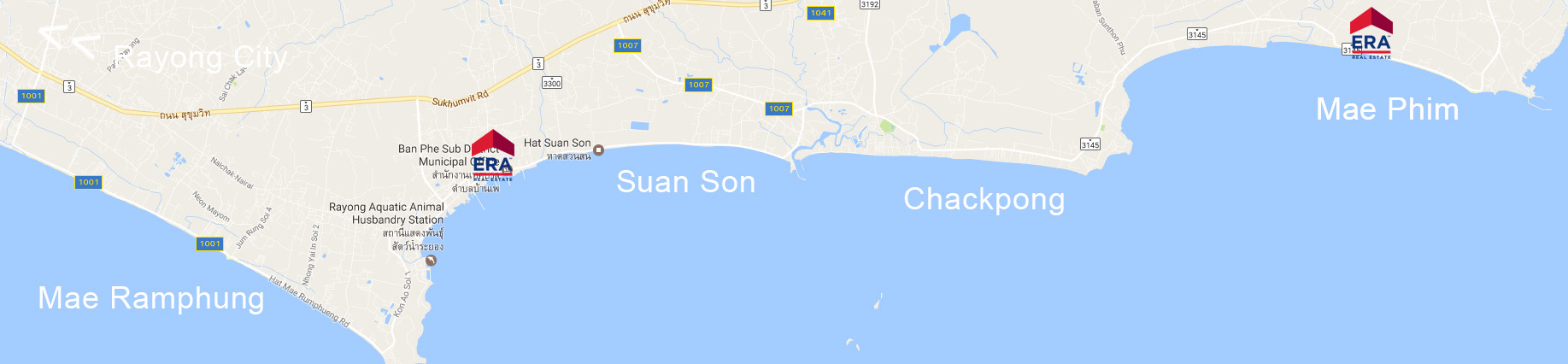 map of rayong coast line with names of beaches