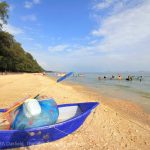 Blue boat in the sand at suanson in Rayong