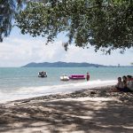 Family sitting under a tree at the beach